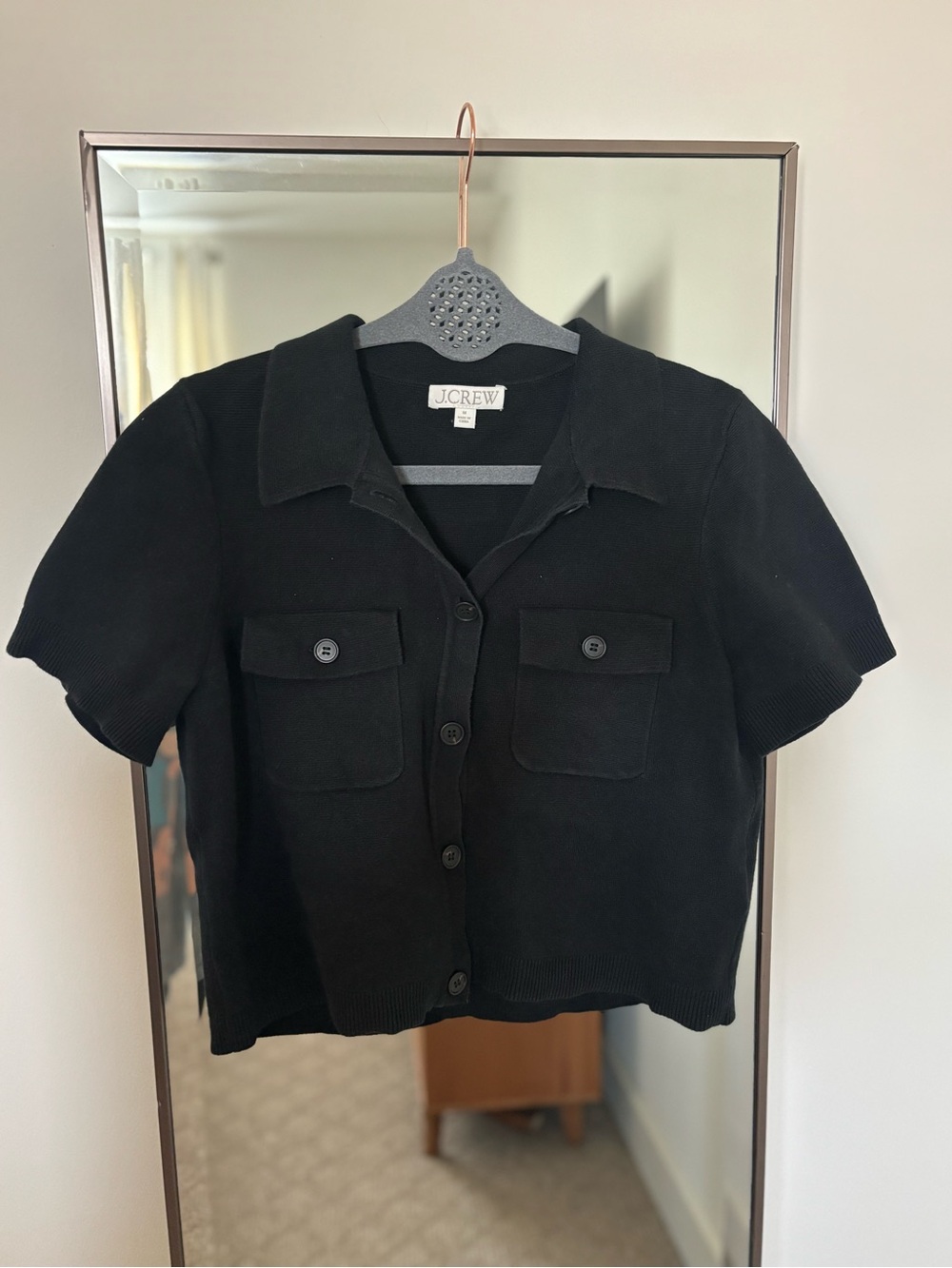J. Crew Black Short-Sleeve Button Front Knit Cropped Shirt